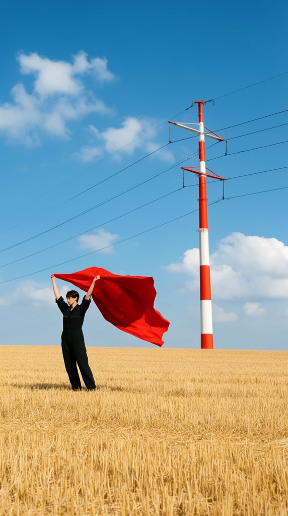 A person in a black jumpsuit holds a billowing red fabric in a vast golden field beneath a bright blue sky. Standing on the left with arms raised aloft, they grasp a vividly crimson cloth catching the wind. To the right stands a tall, red-and-white striped high-voltage transmission tower, with black power lines cutting diagonally across the frame. The foreground features textured, dry golden-yellow agricultural stubble. Illuminated by bright daylight under an azure sky dotted with fluffy white clouds, the wide framing and crisp focus highlight a striking primary color contrast, creating a bold, minimalist graphic composition.