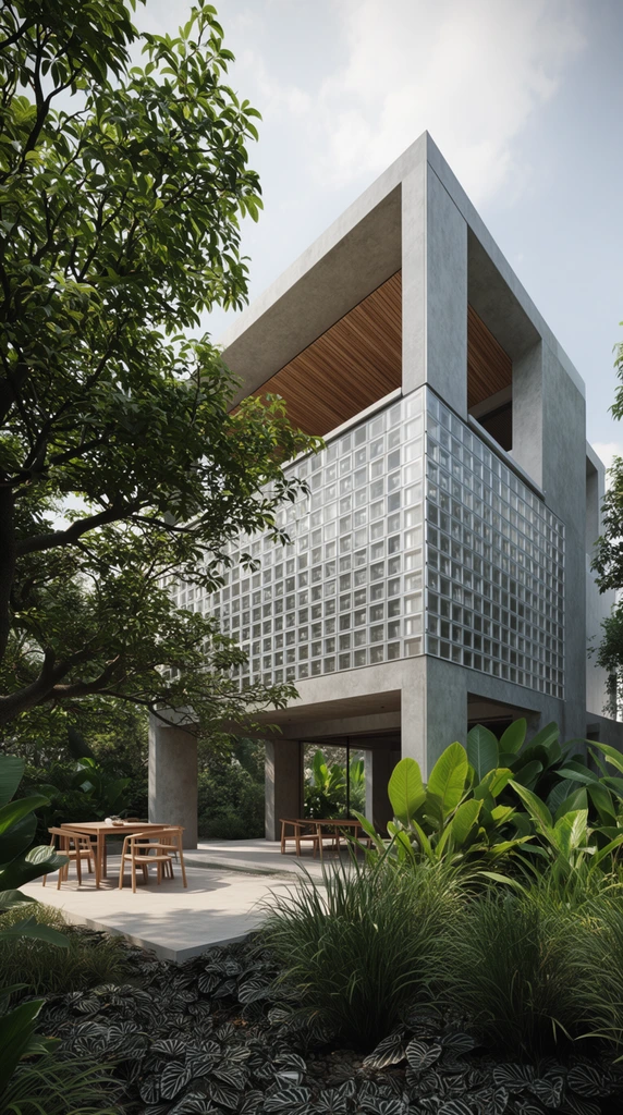A minimalist concrete house stands nestled within a lush tropical garden under a bright sky. The multi-story structure features a striking middle facade wrapped in a grid of translucent square blocks framed by smooth gray concrete. Warm wooden slatted ceilings are visible on the recessed top floor. A large leafy tree dominates the left foreground, partially obscuring the building. Dense vegetation surrounds the property, including vibrant green broadleaf plants, tall grasses, and dark patterned ground cover. On a light paved patio, simple wooden dining tables and chairs rest in the sunlight. The photorealistic architectural composition is captured from a low angle, highlighting the contrast between rigid geometric architecture and organic foliage under crisp natural daylight.
