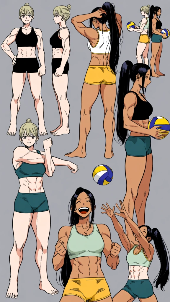 A character design sheet depicts two athletic women in multiple poses against a solid grey background, highlighting their muscular builds and volleyball-related activities. On the left, a fair-skinned woman with short blonde hair tied in a small bun is shown in three primary poses: standing frontally with her hands on her hips in a black sports bra and matching shorts, in a profile view with the same attire, and stretching one arm across her chest while wearing a teal sports bra and shorts. To her right, a tan-skinned woman with very long, dark hair tied in a high ponytail appears in several stances, including a back view where she adjusts her hair while wearing a white sports bra with yellow trim and yellow shorts, and a profile view holding a blue, yellow, and white volleyball while dressed in a black sports bra and teal shorts. In the lower right corner, this same woman is shown in two dynamic action shots: one where she laughs joyfully with clenched fists in a light green sports bra, and another where she reaches upward toward a volleyball in mid-air. A small scene in the upper right shows the two women standing back-to-back, one holding a volleyball. Both characters exhibit highly defined abdominal, arm, and leg musculature and are barefoot throughout the composition. The illustration is rendered in a clean manga style with bold black outlines and flat, cel-shaded colors, emphasizing the physical fitness and energetic expressions of the subjects.