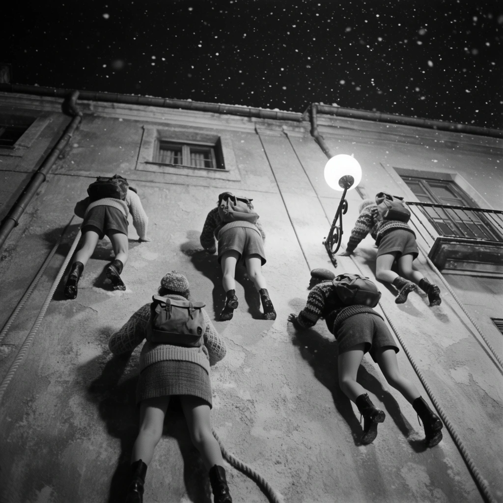 A black and white cinematic shot of five individuals scaling a building facade at night amidst falling snow. The composition uses forced perspective where climbers crawl flat against the textured wall, suggesting the structure is laid horizontally. Subjects wear vintage winter attire including knitted sweaters, short trousers, dark boots, and backpacks. Thick climbing ropes extend across the surface. The architecture features closed windows, a balcony, drainpipes, and a glowing spherical streetlamp on an ornate bracket. The dark sky is speckled with snow, enhancing the surreal high-contrast atmosphere.