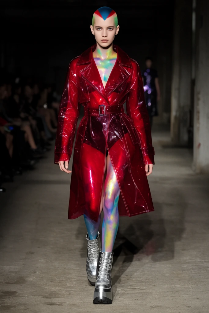 runway model with a striking geometric buzz cut, translucent crimson PVC trench coat tightly belted at the waist, bold iridescent body paint on her bare legs and chest, chunky silver platform boots, mid-stride on a concrete catwalk, dark industrial warehouse setting, blurred audience in shadows, harsh overhead lighting, editorial fashion photography