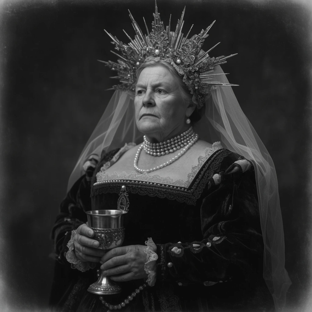 formidable older woman in Renaissance regal attire, heavy dark velvet gown with lace trim, towering sunburst headpiece draped with sheer tulle, pearl chokers, holding a silver chalice, stern expression, three-quarter profile, dark moody backdrop, vintage black and white photography, soft vignette, high contrast