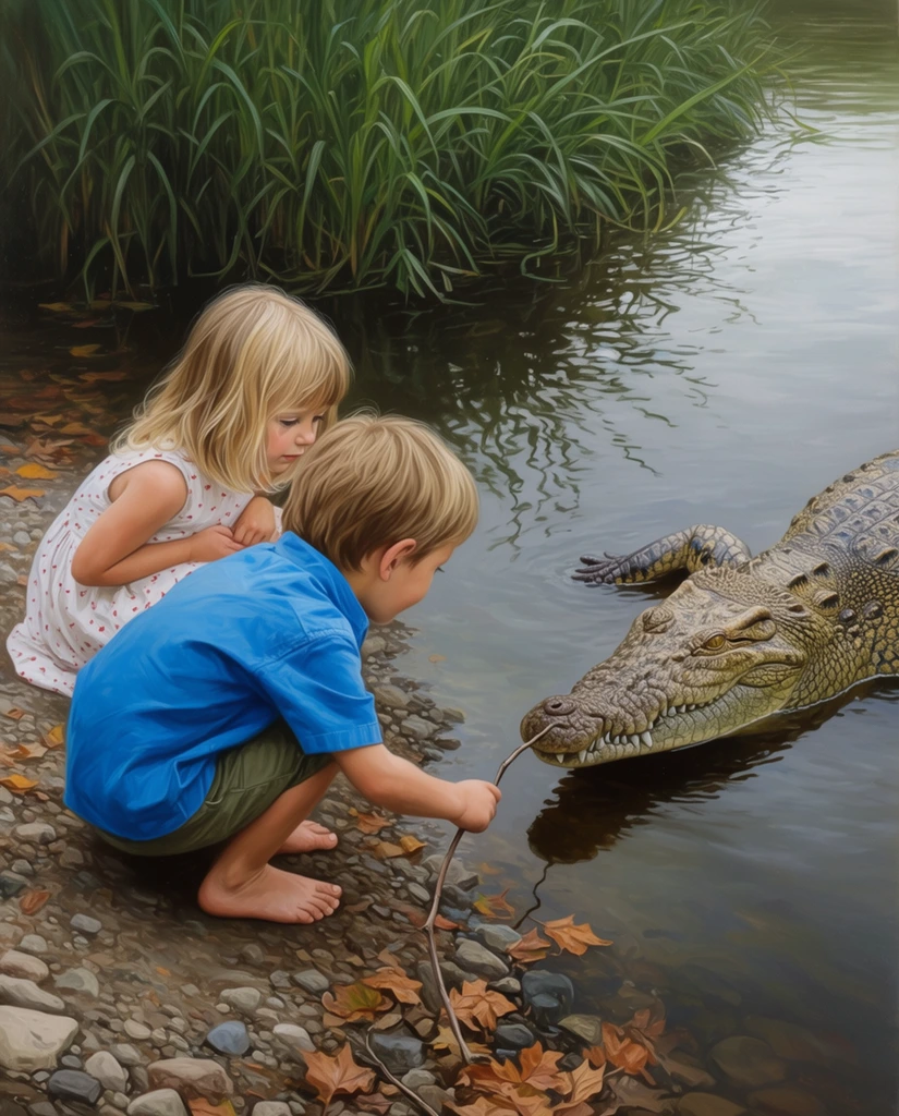 two young barefoot children crouching on a rocky riverbank closely observing a large crocodile, boy in a vibrant blue short-sleeved shirt and olive green shorts extending a thin curved twig directly toward the reptile's snout, blonde girl in a white sleeveless dress with small red patterns crouching behind him, large textured crocodile floating in calm dark water, snout inches from the stick, dense green aquatic reeds in the upper left background, water surface reflecting the reeds, scattered brown autumn leaves on the rocky shore, hyper-realistic painting style, soft diffuse natural daytime lighting