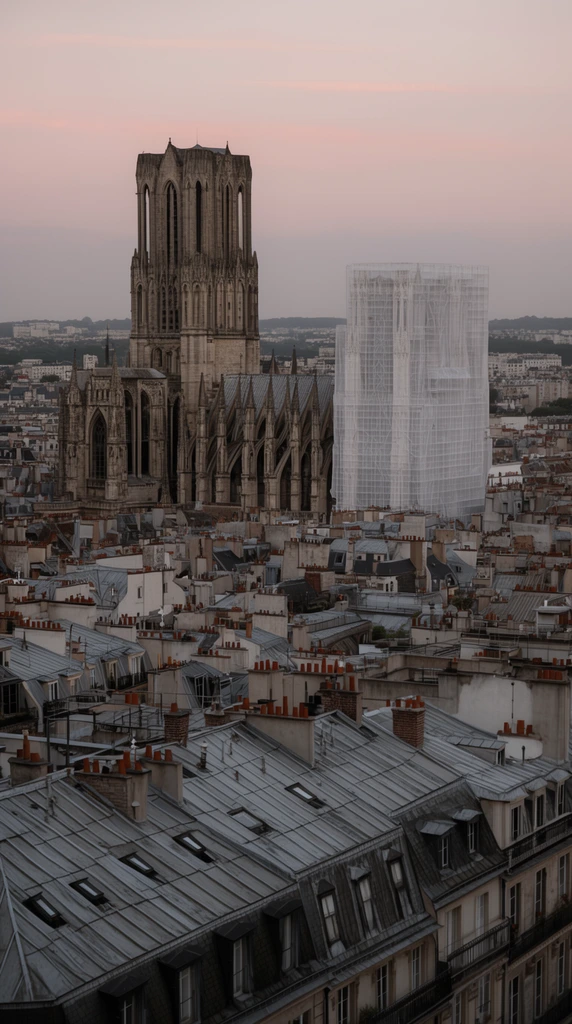 An elevated twilight cityscape featuring a towering Gothic stone cathedral with flying buttresses beside a structure entirely shrouded in white scaffolding. The foreground is a textured sea of sloped grey zinc rooftops dotted with dormer windows and terracotta chimney pots. The dense city fades into a soft hazy horizon under a muted pink and pale grey sky, captured with deep depth of field and diffused natural lighting.