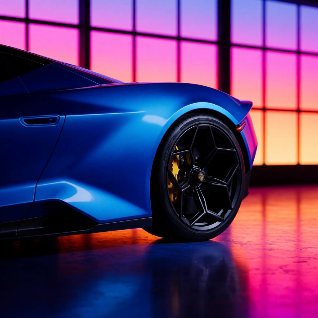 A sharply creased side panel and rear wheel of a metallic blue supercar rest on a highly reflective polished floor. The massive black alloy wheel features a complex geometric multi-spoke design, revealing bright yellow brake calipers inside. A grid-like window structure behind the vehicle glows with a vibrant neon gradient of pink, purple, and orange. Cinematic lighting highlights the aerodynamic bodywork, establishing a striking color contrast between the intensely lit cool blue foreground and the warmly blurred atmospheric background.