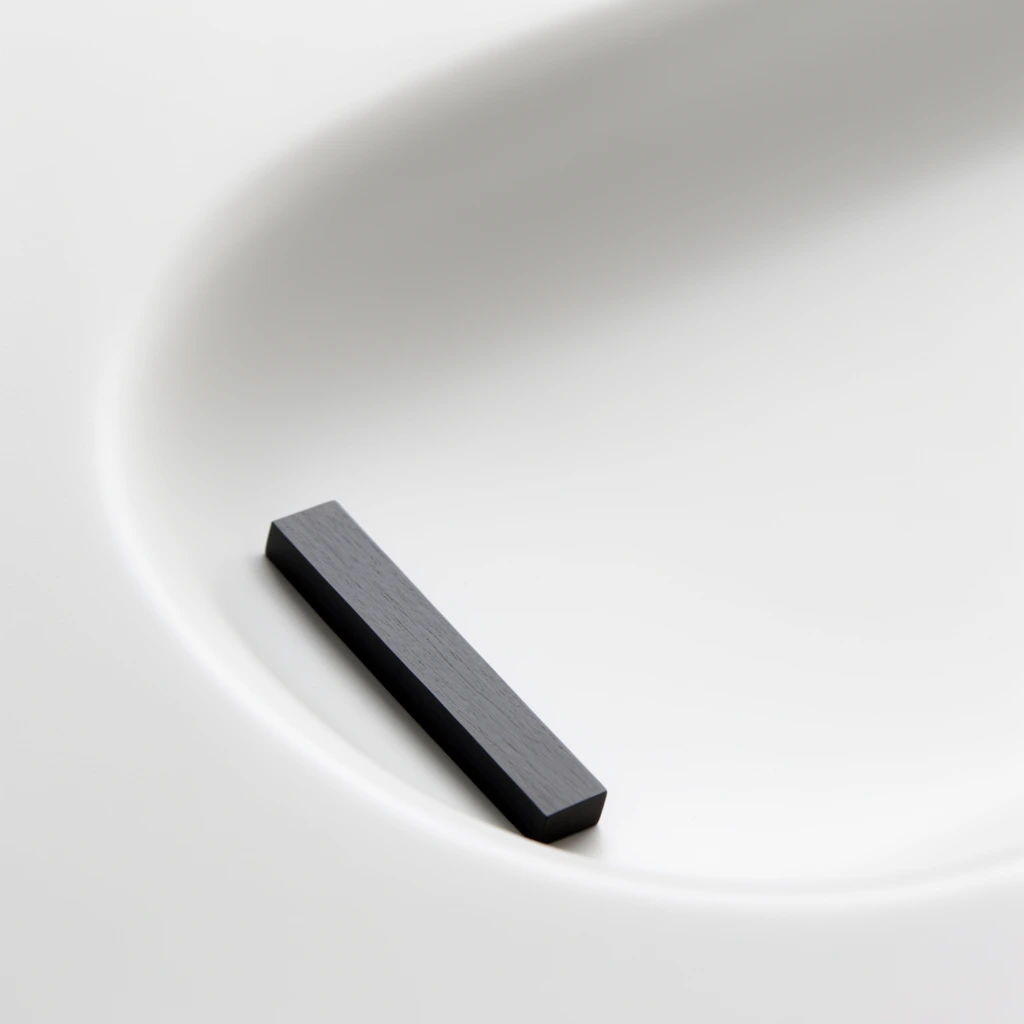 A minimalist macro shot of a smooth, matte white surface featuring a shallow, soft-edged oval depression. Angled diagonally within the lower-left curve of this bright white basin is a small, dark grey rectangular block exhibiting a subtle wood grain texture. The sharp, dark lines of the elongated rectangle create a stark geometric contrast against the seamless, sweeping curves of the pristine enclosure. Soft, diffused directional lighting casts gentle gradients across the stark composition, emphasizing the smooth transition from the outer surface into the recess. The extreme close-up framing abstracts the subject into a high-key study of contrasting geometric forms, light, and subtle material textures.