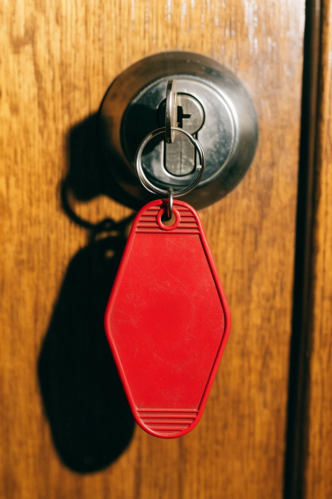 close-up of a metal key in a circular lock on a wooden door, red vintage diamond-shaped motel key tag, silver split ring, warm directional lighting, sharp dark shadow cast to the left, wood grain texture, retro photography aesthetic