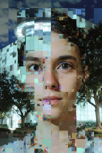 Fragmented Neon Surrealism style reference image — glitch art