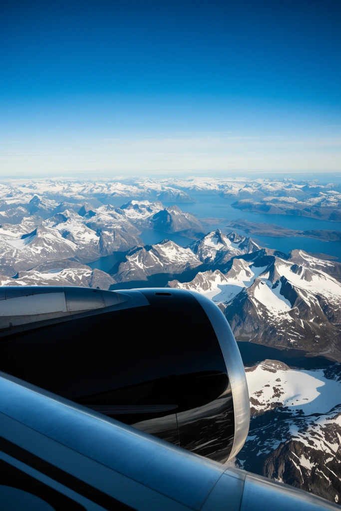 A massive jet engine with a dark, reflective cowling and silver trim dominates the lower foreground of a high-altitude landscape. The smooth aircraft wing overlooks a sprawling panorama of rugged, snow-capped mountain peaks and deep blue winding fjords. Captured in bright daylight with a deep depth of field, the scene contrasts engineered metallic forms against jagged natural terrain under a vivid gradient blue sky stretching to a distant horizon.