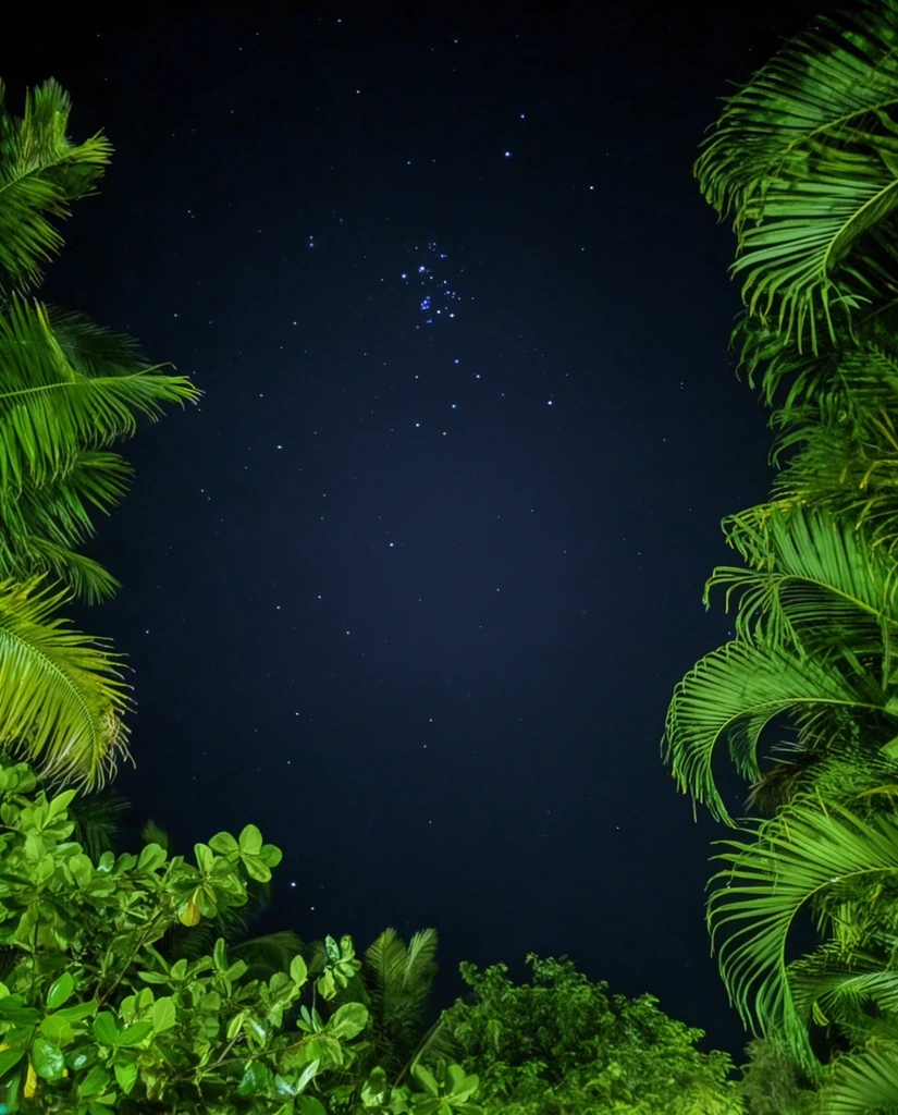 A low-angle view of a dark, starry night sky framed by vibrant green tropical foliage. Fronds of palm trees and other broad-leafed plants border the left, right, and bottom edges of the frame, their bright green color contrasting sharply with the deep blue-black of the night sky. In the center, the sky is filled with numerous bright, pinpoint stars, including a distinct cluster in the upper middle. The lighting on the leaves suggests a nearby artificial light source, illuminating them against the darkness.