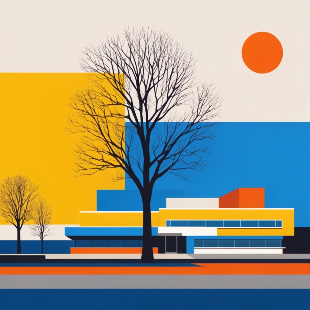 A stark black silhouetted leafless tree centers a vibrant, geometric minimalist landscape in a flat vector illustration. The intricately branched tree stands before a low-profile modernist building composed of interlocking rectangular color blocks and ribbon windows in golden yellow, cerulean blue, bright orange, and white. The abstract sky features a large yellow rectangle on the left, a horizontal blue plane, and a perfect solid orange circle hovering in the off-white upper right. Stark horizontal bands of orange, grey, and deep blue anchor the foreground alongside two smaller bare trees on the left midground. The composition is defined by sharp lines, primary color blocking, and solid unshaded hues, contrasting the organic tree branches with strict architectural and abstract geometric shapes.