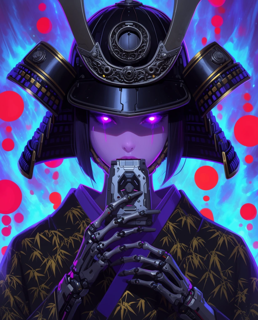 Cyberpunk female samurai portrait, glowing purple eyes, black mechanical kabuto helmet with large horns, black kimono with gold bamboo pattern, skeletal robotic hands holding metallic device over mouth, glowing cyan energy background, floating red circles, neon color palette, digital illustration