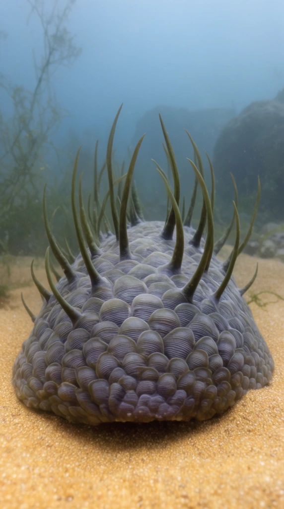A dome-shaped marine organism resting on a golden sandy seabed. The creature's body is shielded by tightly overlapping, ribbed, grey-purple scales, with long, curved, greenish-brown spines protruding upward from its dorsal surface. The murky underwater environment features a hazy blue atmospheric depth of field, illuminated by soft diffuse lighting that highlights sparse spindly green vegetation and softly blurred rocky silhouettes in the background.