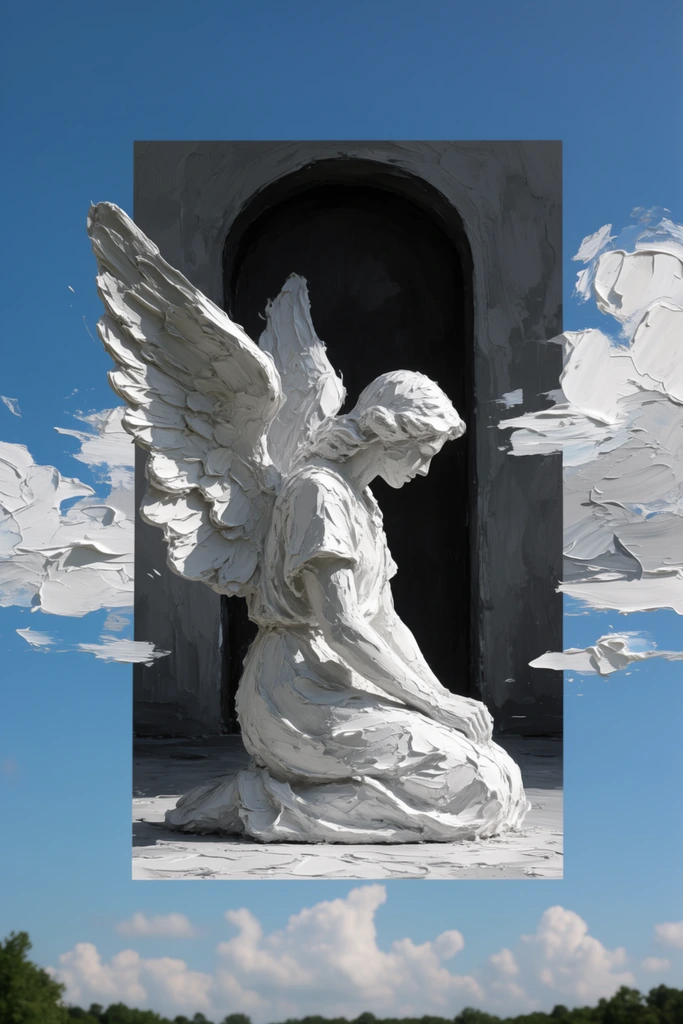 A heavily textured, impasto-painted winged angel statue kneeling before a dark arched doorway, contained within a floating vertical rectangular canvas juxtaposed against a photorealistic blue sky. The angel statue, rendered entirely in thick, sculptural layers of stark titanium white paint applied with a palette knife, kneels in the foreground facing right, head bowed downward with hands resting on its lap. Harsh, directional sunlight from the right catches the coarse ridges of the three-dimensional paint, casting deep shadows on the left side of the figure and emphasizing its tactile surface. Immediately behind the angel, the arched doorway is depicted using broad, flat strokes of charcoal and slate gray, creating a high-contrast painted backdrop. This entire painted vignette is framed within a distinct, floating vertical rectangle layered over the background scene. Thick swaths of white impasto paint from the angel's wings and surrounding stylized, abstract painted clouds horizontally breach the rigid borders of the central dark rectangle, protruding into the surrounding open space. The encompassing background is a crisp, photorealistic wide expanse of vibrant cerulean blue sky, grounding the surreal collage with natural, soft white cumulus clouds gathered along the distant lower horizon line just above a sliver of dark green forest canopy at the bottom edge.