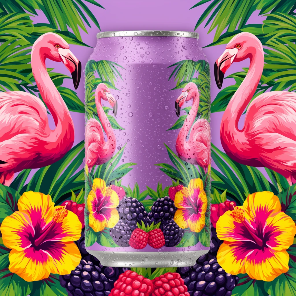 centered aluminum beverage can covered in cold condensation, surrounded by a matching seamless tropical vector illustration, dense jungle motif featuring large pink flamingos facing inward, vivid yellow and magenta hibiscus blossoms, oversized blackberries and red raspberries, lush green palm fronds, solid light purple backdrop, vibrant pop art color palette, blending 3D product photography with flat 2D graphic art, tight symmetrical framing