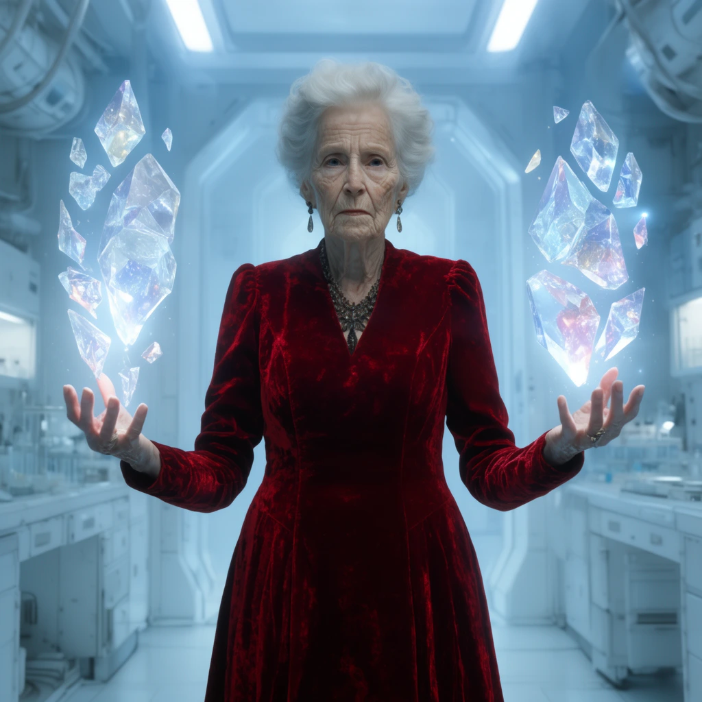 Elderly woman in red velvet gown, levitating glowing crystal shards with both hands, stark white futuristic laboratory, bright blue lighting, cinematic