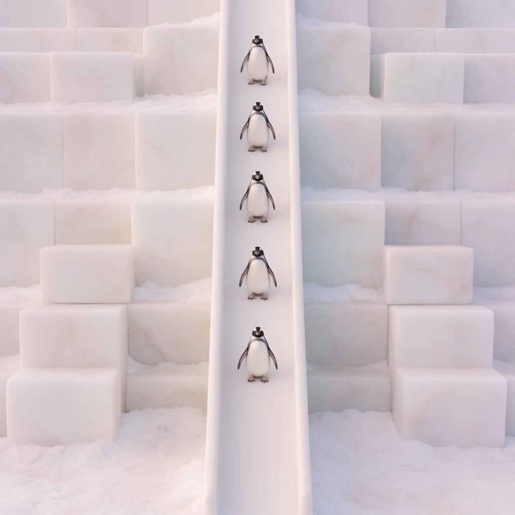 Five evenly spaced penguins arranged with precise geometric exactness on a perfectly centered, straight slide, surrounded by meticulously stacked snow and cubic ice blocks. The surrounding ice and snow form a rigid, highly structured, grid-like architectural composition built with absolute right angles and perfectly horizontal tiers. The surfaces of the ice blocks exhibit a smooth, pristine matte finish with subtle, pale marble-like veining. Captured from a dead-center, strictly orthogonal frontal perspective, the scene emphasizes absolute symmetry and hyper-organized spatial order. Soft, highly diffused, flat lighting bathes the entire environment, producing a bright, low-contrast atmosphere. The color grading features a meticulously controlled, high-key palette dominated by stark alabaster whites, soft creams, and pale lavender-tinted icy hues, with the solid black-and-white bodies of the penguins acting as stark, high-contrast focal points against the muted pastel surroundings.
