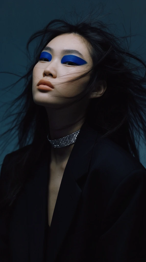 fashion editorial portrait of a young East Asian woman, head tilted back, aloof expression, striking blocky cobalt blue eyeshadow, peach lips, dark wind-swept hair blowing backward, loose strands crossing her face, oversized black blazer, silver rhinestone choker, dramatic low-key lighting, dark teal background, cool cinematic color palette, sharp focus