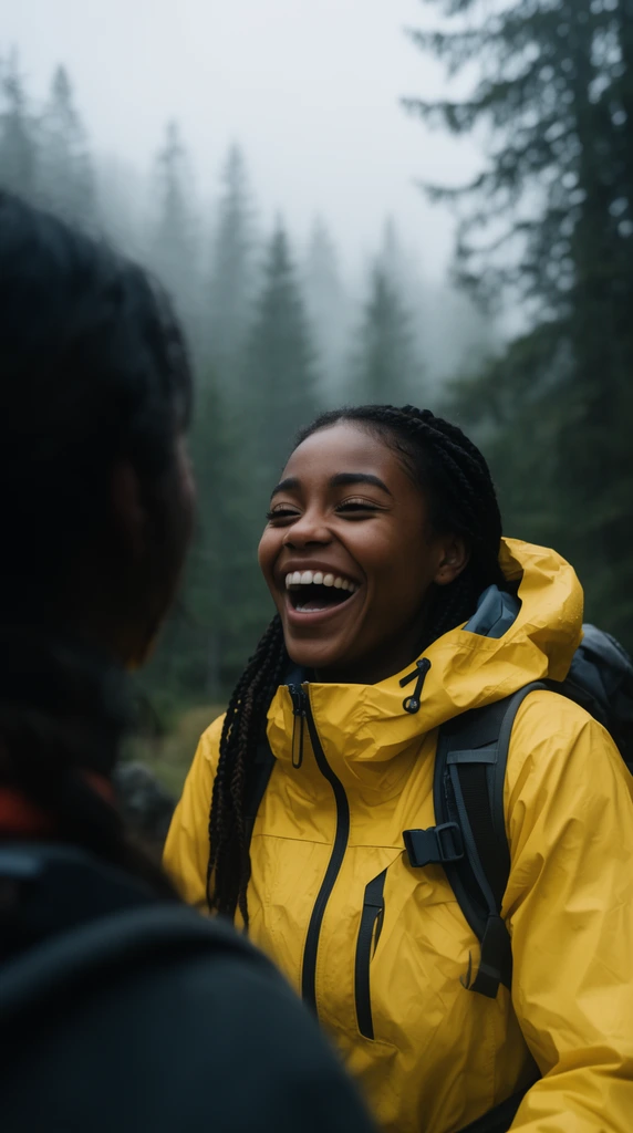 An over-the-shoulder cinematic shot of a young Black woman with braided hair laughing joyfully, wearing a bright yellow waterproof climbing jacket. She faces the blurred silhouette of another person. The background is a misty pine forest under an overcast sky with soft, diffused lighting and shallow depth of field.