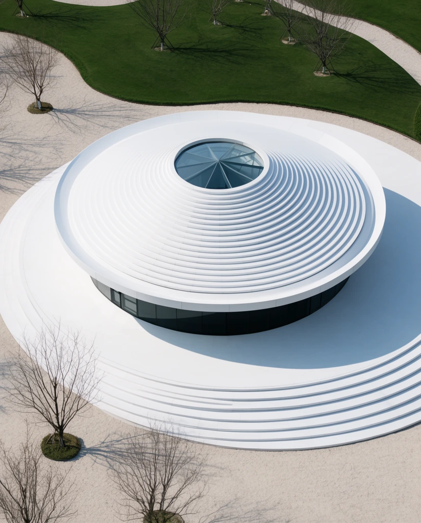 An aerial view of a contemporary circular pavilion featuring a brilliant white, stepped conical roof of concentric rings and a central glass skylight. The building has recessed dark glass walls and sits on a matching circular white plaza with sweeping, curved stairs descending to ground level. The minimalist surrounding landscape features pale gravel pathways, neatly edged green lawns, bare saplings, and long distinct shadows cast by bright, clear daylight.