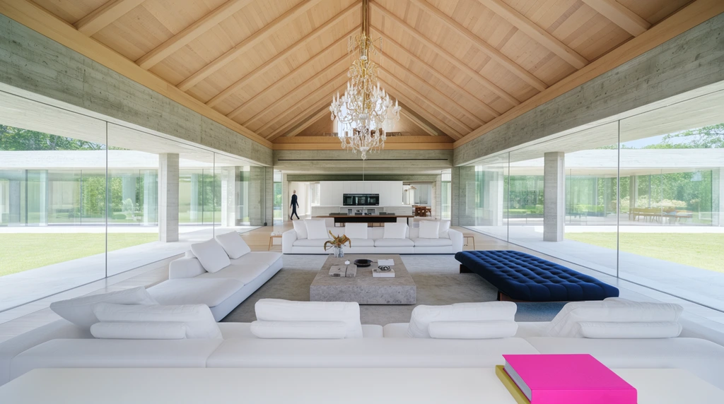 expansive modern open-plan living room, vaulted light wood plank ceiling, exposed concrete pillars, floor-to-ceiling glass walls, large white modular sofa in foreground, dark blue tufted daybed, square stone coffee table, minimalist kitchen in background, crystal chandelier, distant figure walking, bright pink book on white surface in extreme foreground, natural daylight, symmetrical architectural photography, wide angle