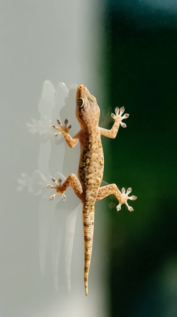 small tan mottled gecko clinging to reflective glass, splayed toes, split frosted and dark green background, strong sunlight, sharp shadow beneath the body, faint ghostly silhouette reflection cast to the left, macro photography