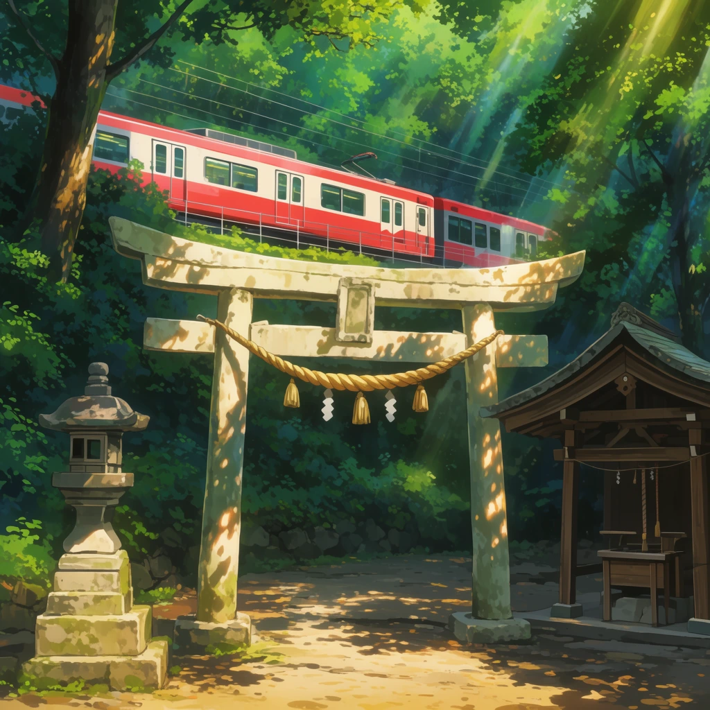 A serene shrine nestled under a dense forest canopy features a pale stone torii gate with a red and white passenger train passing on an elevated track behind it. Dappled sunlight casts intricate shadows across the gate's sacred rope, a traditional stone lantern, and a small wooden purification pavilion framing the courtyard. The vibrant, highly detailed animated background art style contrasts ancient traditional architecture and modern infrastructure illuminated by warm, atmospheric light rays.