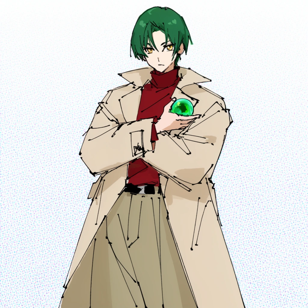 Anime-style illustration of a male character with neat emerald green hair and golden eyes wearing a bulky beige trench coat over a crimson turtleneck and loose khaki trousers. He stands with arms crossed, holding a glowing green orb. The background is a stark white field with a subtle blue and magenta halftone dot pattern. The art features rough, angular, sketch-like black linework and flat, unblended digital coloring.