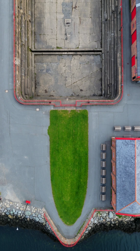 A top-down aerial photograph of an expansive industrial dry dock beside a paved waterfront. The upper half features a deep, empty concrete basin with stepped retaining walls and a cracked floor bisected by a horizontal trench. Below the dock, a vibrant green, elongated patch of grass shaped like a ship's hull contrasts sharply against the grey asphalt. To the right sits a brick building with a slated roof and rows of outdoor picnic tables. Bright red structural accents punctuate the muted slate and concrete palette, terminating at a rocky shoreline and dark water along the bottom edge.