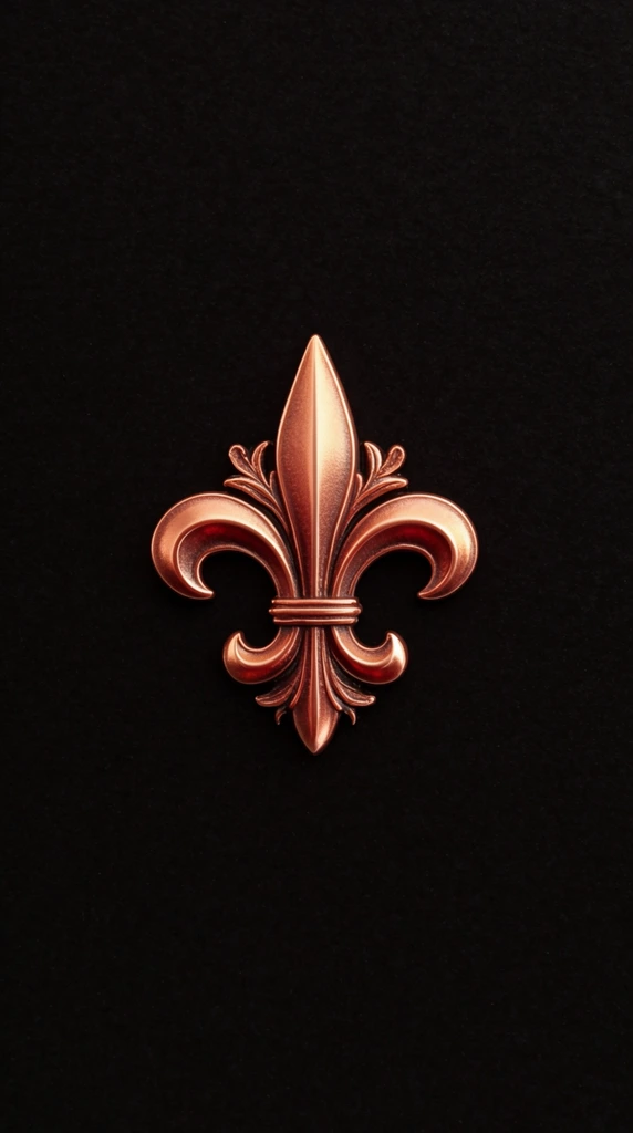 A singular ornate copper fleur-de-lis emblem floats centrally against a pitch-black untextured background. The small metallic insignia features a classic three-petaled design with a prominent upright central spike and two flanking petals gracefully curving outward. A horizontal band cinches the petals, accented by delicate botanical flourishes. The emblem displays a rich reddish-gold gradient with crisp specular highlights, creating a three-dimensional embossed effect contrasting the dark void.