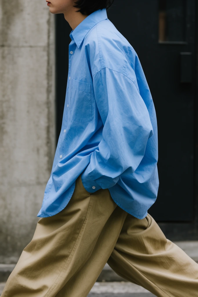 Cropped mid-stride in profile, a figure wears an oversized light blue button-up shirt and wide-leg khaki trousers. Hands in pockets create heavy, dynamic fabric folds. Soft diffused daylight illuminates the street-style shot against a blurred urban background featuring a textured concrete wall and dark door.