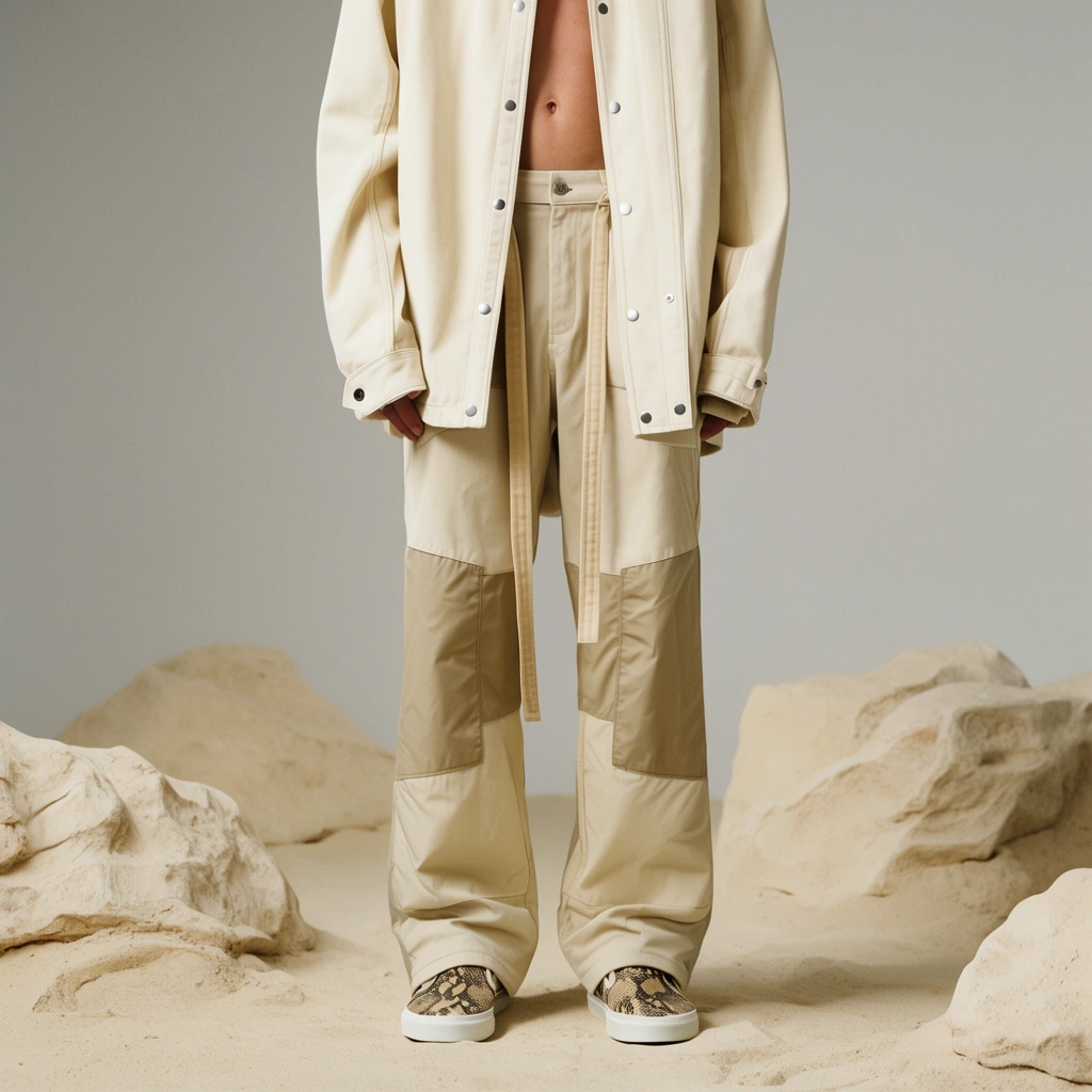 person modeling utilitarian beige streetwear, oversized cream open jacket with silver snaps, bare midriff, paneled canvas and nylon trousers with long dangling waist straps, snakeskin slip-on sneakers, staged indoor desert set with pale sand and sculpted rocks, minimalist light grey backdrop, fashion editorial photography, soft studio lighting, neutral earth tones