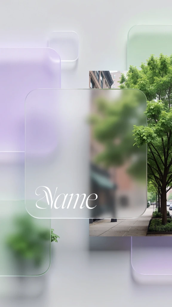 minimalist glassmorphism aesthetic, central floating square frosted glass panel with rounded corners and high background blur, layered depth, soft diffuse lighting, pastel palette of lavender and lush greens, high-end 3d render, elegant white serif typography, a vibrant tree with full leaves on a city sidewalk partially obscured by and interacting with the frosted pane, soft diffuse shadows, clean contemporary brand identity style, professional cinematic atmosphere.