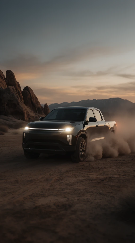 A dark modern pickup truck speeds across an arid desert plain, kicking up a massive plume of thick dust. Glowing LED headlights illuminate the sleek fascia against a cinematic twilight backdrop of rocky formations and distant mountains.