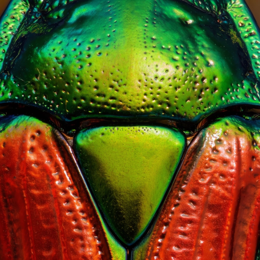 Extreme macro photography of an iridescent insect exoskeleton revealing intricate textures. A metallic emerald green upper plate dominates the top half, curving into deep crevices. Below, a lime-green triangular segment points downwards, wedged between two vibrant copper-red wing casings. The entire glossy surface is densely stippled with tiny recessed dimples and undulating ridges. Sharp lighting creates luminous specular highlights across the pitted, armor-like structure, emphasizing the vivid metallic color shifts from cool greens to fiery oranges in this frame-filling abstract composition.