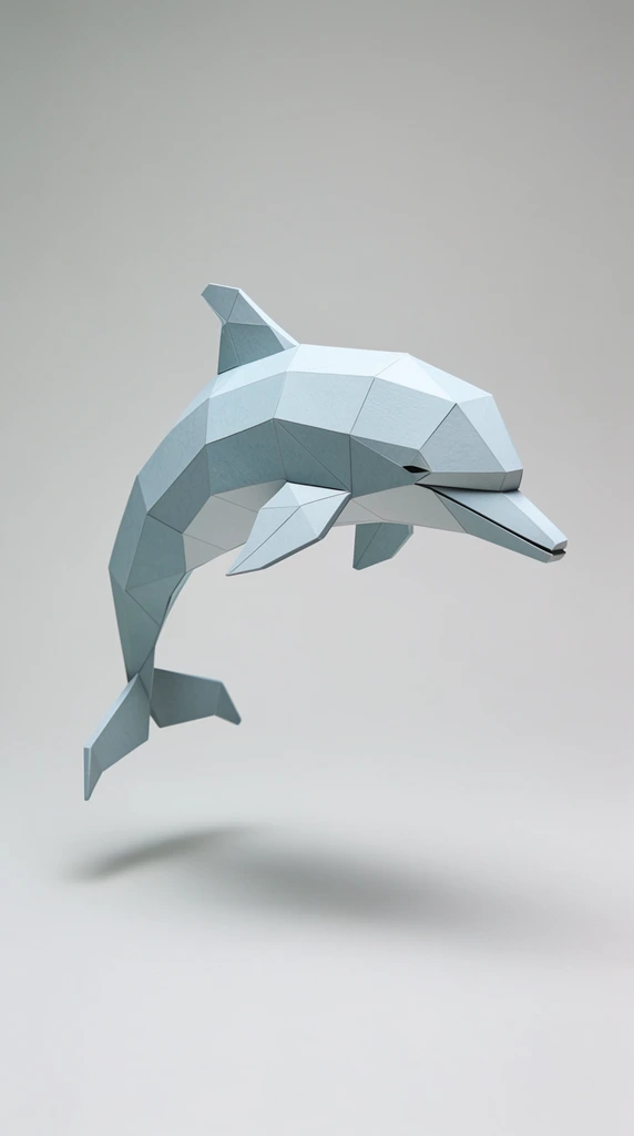 A pale blue-grey low-poly papercraft dolphin suspended mid-air against a seamless light grey studio backdrop. The geometric subject is constructed from flat, faceted polygonal planes with sharply defined crease lines, evoking a digital origami aesthetic. The dolphin arcs gracefully in a leaping posture, featuring a pointed snout, a rigid triangular dorsal fin, and an angled tail fluke. Soft, diffuse overhead lighting illuminates the matte, paper-like texture of the surfaces and casts a gentle, blurred drop shadow directly onto the floor below, isolating the minimalist sculpture in an expansive, neutral void.