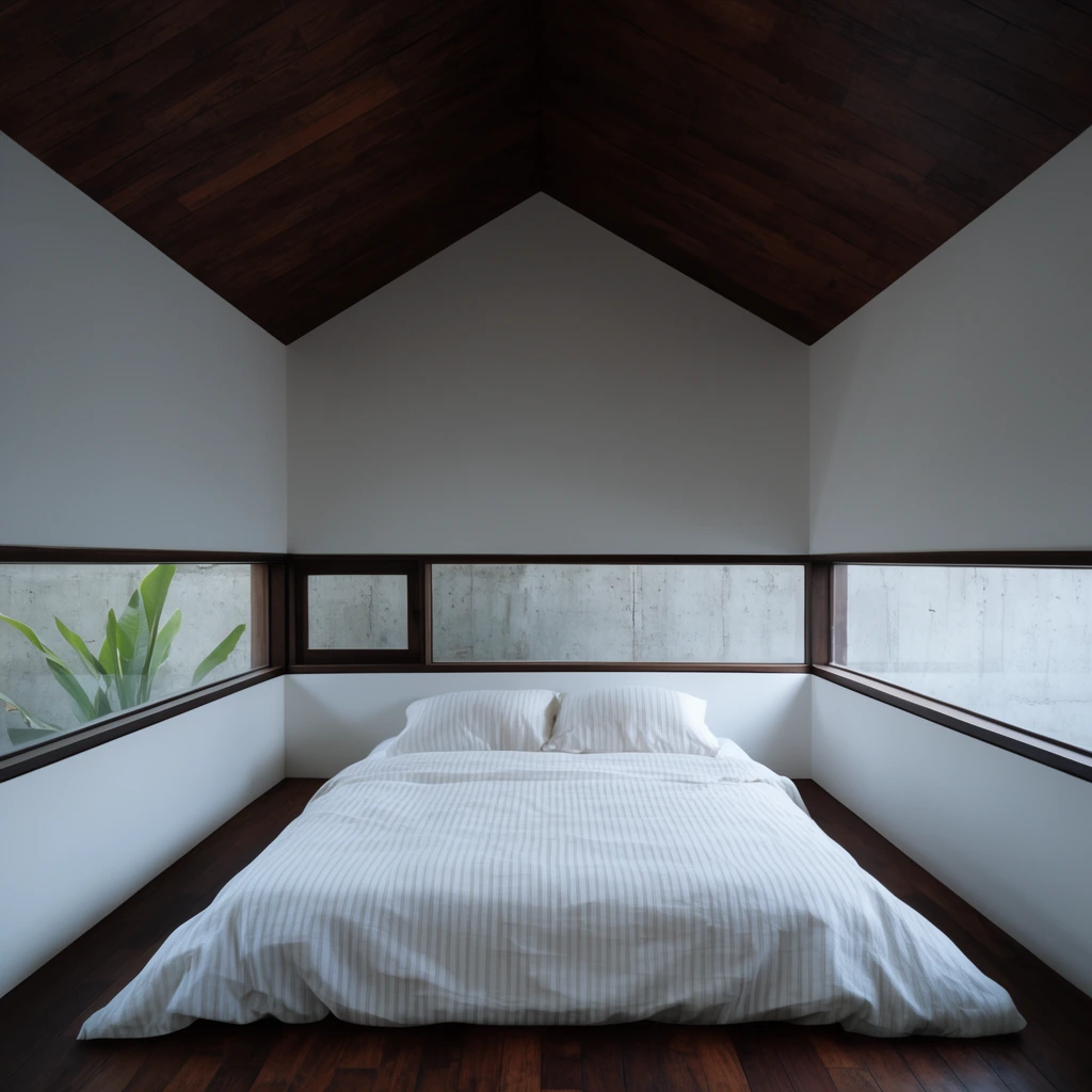 A minimalist bedroom with a pitched dark wood ceiling and matching floor. A low bed with striped white bedding sits beneath a continuous dark-framed ribbon window wrapping the stark white walls. Soft daylight illuminates an outside green plant against a raw concrete wall.