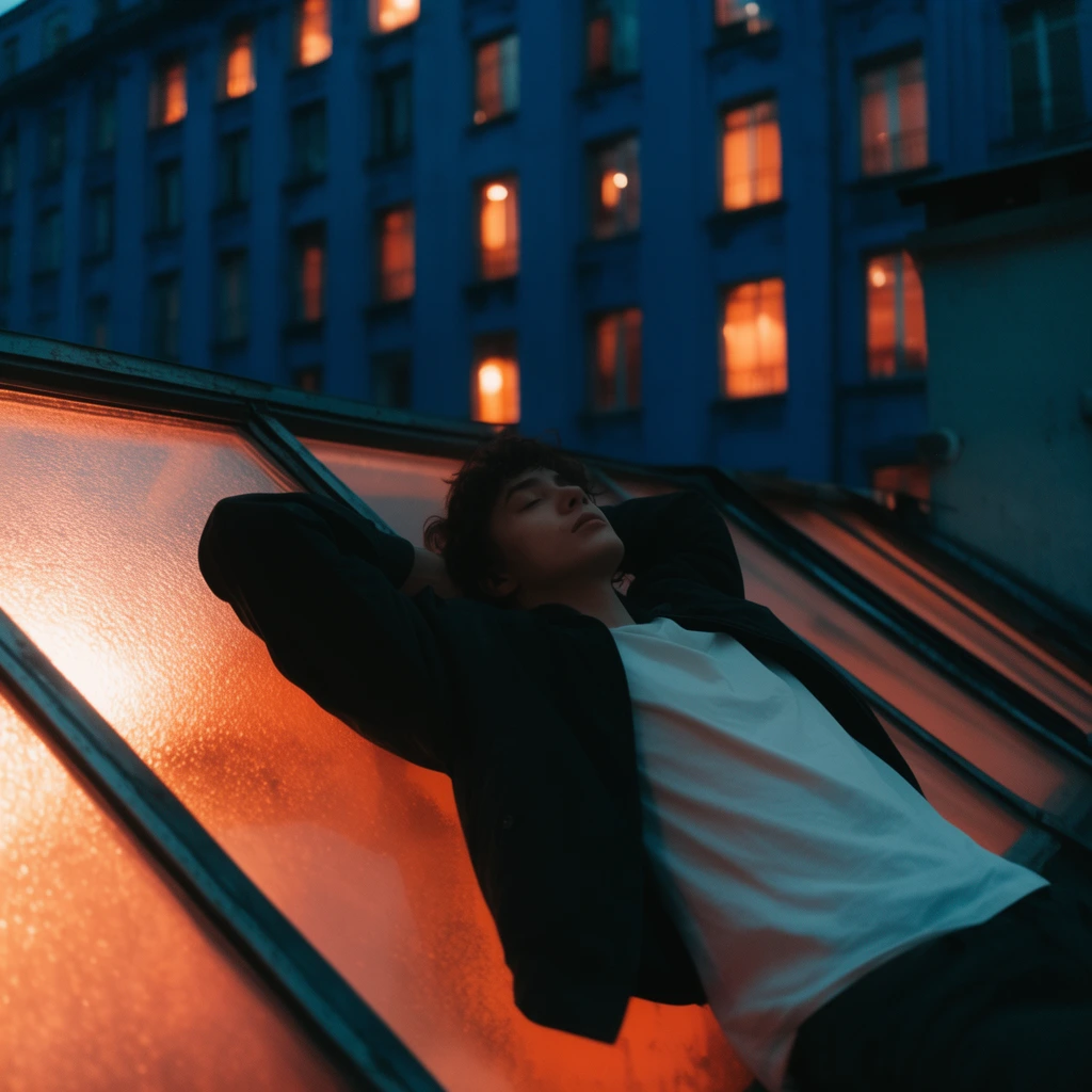 relaxed figure leaning against a slanted glass skylight, hands behind head, dark jacket, white t-shirt, nighttime urban roof, deep blue building facade, glowing warm amber windows, orange light reflecting on frosted glass, cinematic twilight, contrasting orange and teal palette, low angle