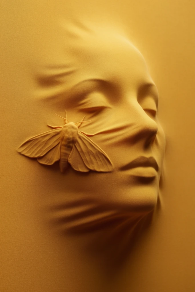 A woman's face and a moth resting upon her cheek sculpted as a three-dimensional bas-relief pushing through a single, continuous sheet of fine-woven mustard-yellow fabric. The contours of the facial features—closed eyelids, cheekbones, and lips—and the distinct anatomy of the moth, including its spread wings, antennae, and body, are defined entirely by taut stretches, subtle tension lines, and soft organic folds in the ochre textile. The physical forms emerge seamlessly from the flat background surface, rendering as solid shapes pressing firmly against the reverse side of the cloth. The surrounding environment consists of the exact same continuous goldenrod fabric extending to all edges, creating a minimalist, monochromatic space. Soft, dramatic directional light originating from the upper left illuminates the raised topographies, casting smooth, sweeping drop shadows toward the lower right. Deep amber shadow gradients and bright golden highlights emphasize the sculptural depth of the draped material, while the high-resolution macroscopic perspective captures the uniform micro-texture of the tightly woven threads across the entire surreal composition.