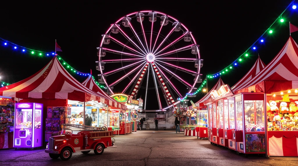 nighttime amusement park, towering Ferris wheel glowing with pink and white lights, red and white striped carnival tents, illuminated game stalls, purple arcade claw machine, small red toy fire engine, green and blue string lights, pitch-black sky, textured pavement, high contrast photography, vivid colors