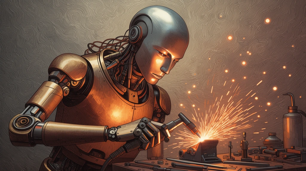 humanoid robot working at a mechanical workbench, smooth metallic head, intricate neck cables, segmented bronze torso, bright orange sparks erupting from welding tool, warm dramatic light illuminating face, digital illustration, intricate cross-hatching, engraved woodcut texture, fine linework, retro-futuristic sci-fi aesthetic, floating light orbs, textured swirling background