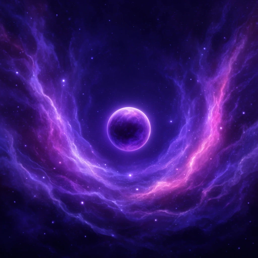 A central glowing purple planet framed by symmetrical, sweeping arcs of vibrant violet and magenta nebula gas. These luminous cosmic clouds radiate against a deep indigo background dotted with bright pinpoint stars, creating an ethereal deep-space composition.