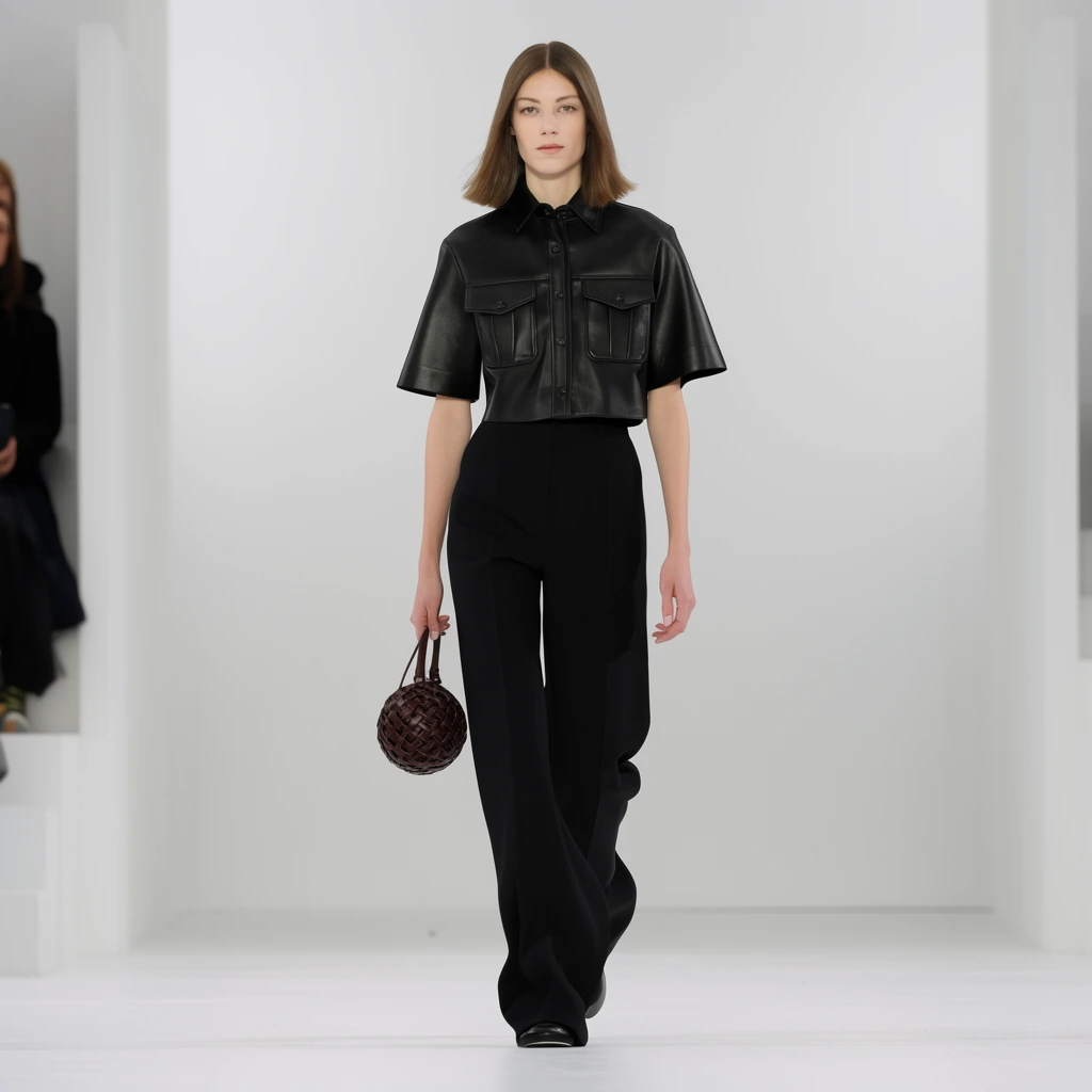 female fashion model walking a bright white runway, cropped short-sleeve black leather shirt with prominent chest pockets, high-waisted tailored wide-leg black trousers, small spherical woven dark brown leather handbag, straight shoulder-length brown hair, minimalist white architectural background, soft diffused lighting, shallow depth of field, blurred audience on the far left, crisp full-body fashion photography