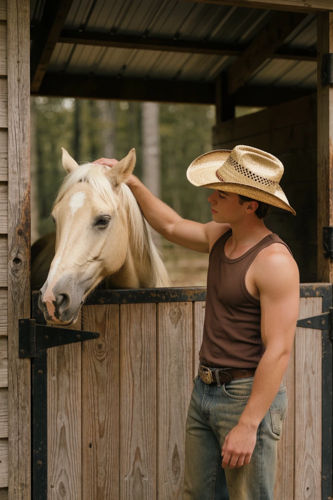 young man in a straw cowboy hat and brown tank top petting a pale cream horse over a rustic wooden stall door, hand ruffling the horse's blonde mane, faded jeans, black metal hinges, open corrugated metal roof structure, blurred forest background, soft natural daylight, muted warm cinematic color grading, medium shot