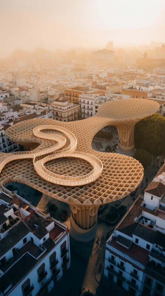 A massive, undulating wooden lattice canopy spans a plaza within a dense historic city. The organic, honeycomb-patterned structure features curving rooftop walkways, surrounded by traditional white buildings with terracotta roofs. Warm golden hour light and prominent atmospheric haze contrast with deep, cool shadows in the streets below.