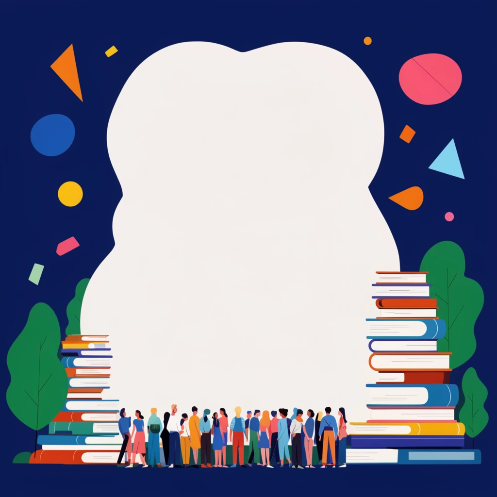 flat vector illustration, giant white central shape on dark blue, tiny stylized people, large stacked books, green trees, colorful floating geometric shapes