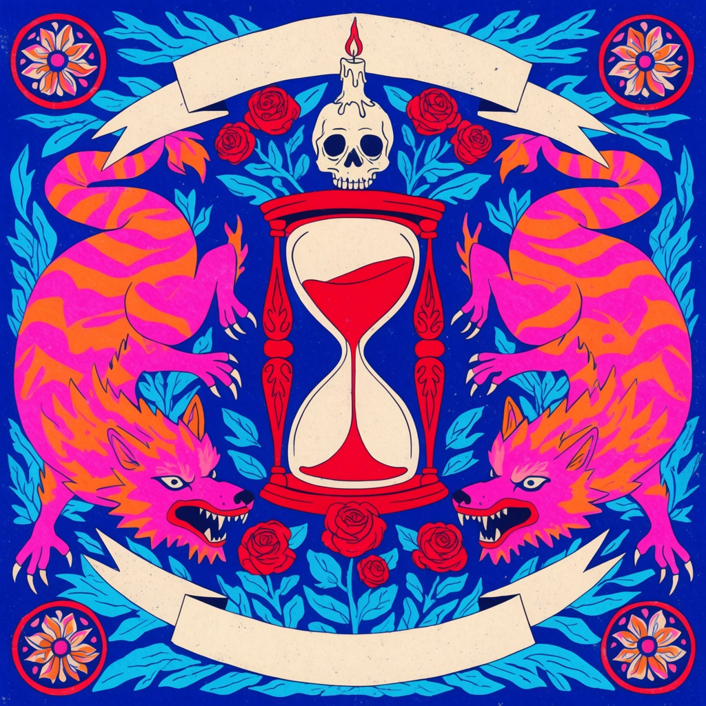 A symmetrical psychedelic risograph illustration centers a red hourglass and a candle-topped skull. Neon pink and orange striped dragons and wolf-like beasts face inward against a deep blue background. The dense composition bursts with blank banners, cyan foliage, red roses, and corner medallions, rendered in a vibrant flat graphic style with distressed textures.