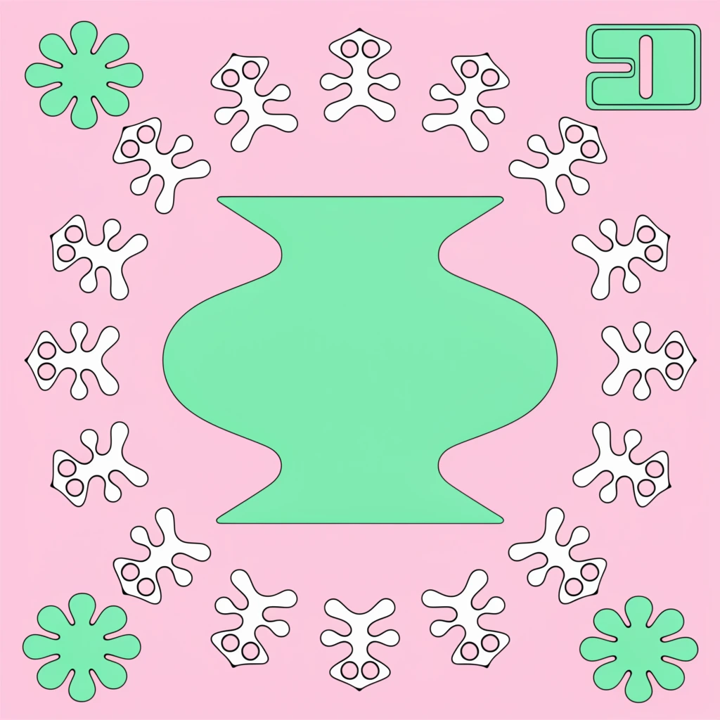 A flat vector illustration of mint-green geometric forms on a solid pastel pink background. A central symmetrical green shape with a cinched waist, bulbous sides, and flared edges is surrounded by a ring of hollow white abstract figures with black outlines. The corners balance the composition with rounded green splat shapes and structured geometric icons with internal cutouts. The design features bold linework, stark color contrast, and a retro-psychedelic aesthetic.
