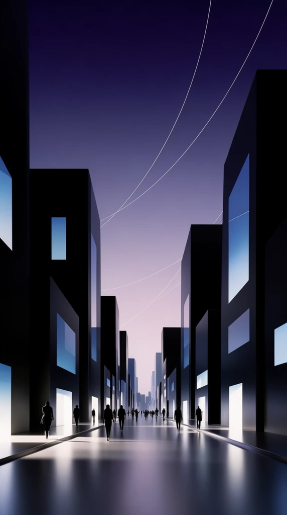 minimalist surreal city street at twilight, deep one-point perspective, stark geometric dark buildings with flat surfaces, glowing rectangular blue and white windows, highly reflective smooth pavement with sharp light spills, distant dark silhouettes of walking pedestrians, thin sweeping white lines arching across a smooth gradient indigo to pale lavender sky, dramatic high contrast lighting, crisp architectural edges, sleek 3D digital art aesthetic