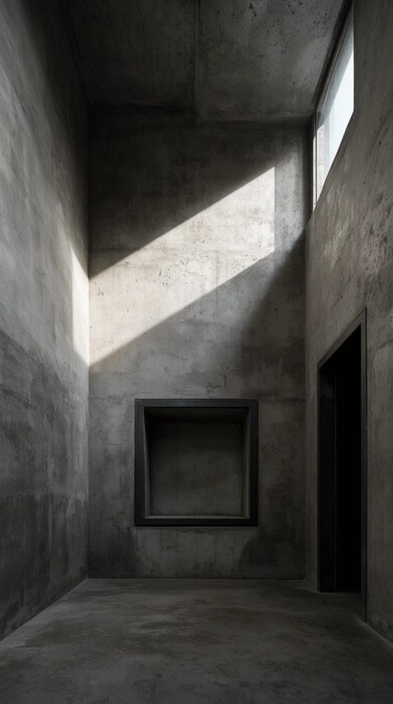 brutalist concrete interior, central square recessed niche with a dark frame, dark open doorway, high window casting a geometric beam of sunlight, textured gray walls, dramatic chiaroscuro, minimalist architectural photography